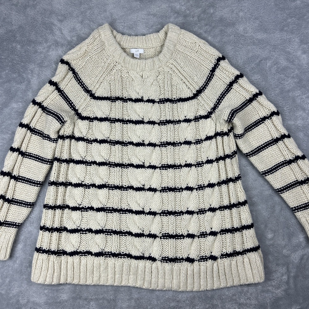 J Jill Large Cable Knit Sweater Cream Navy Blue Stripe Long Sleeve Chunky Preppy